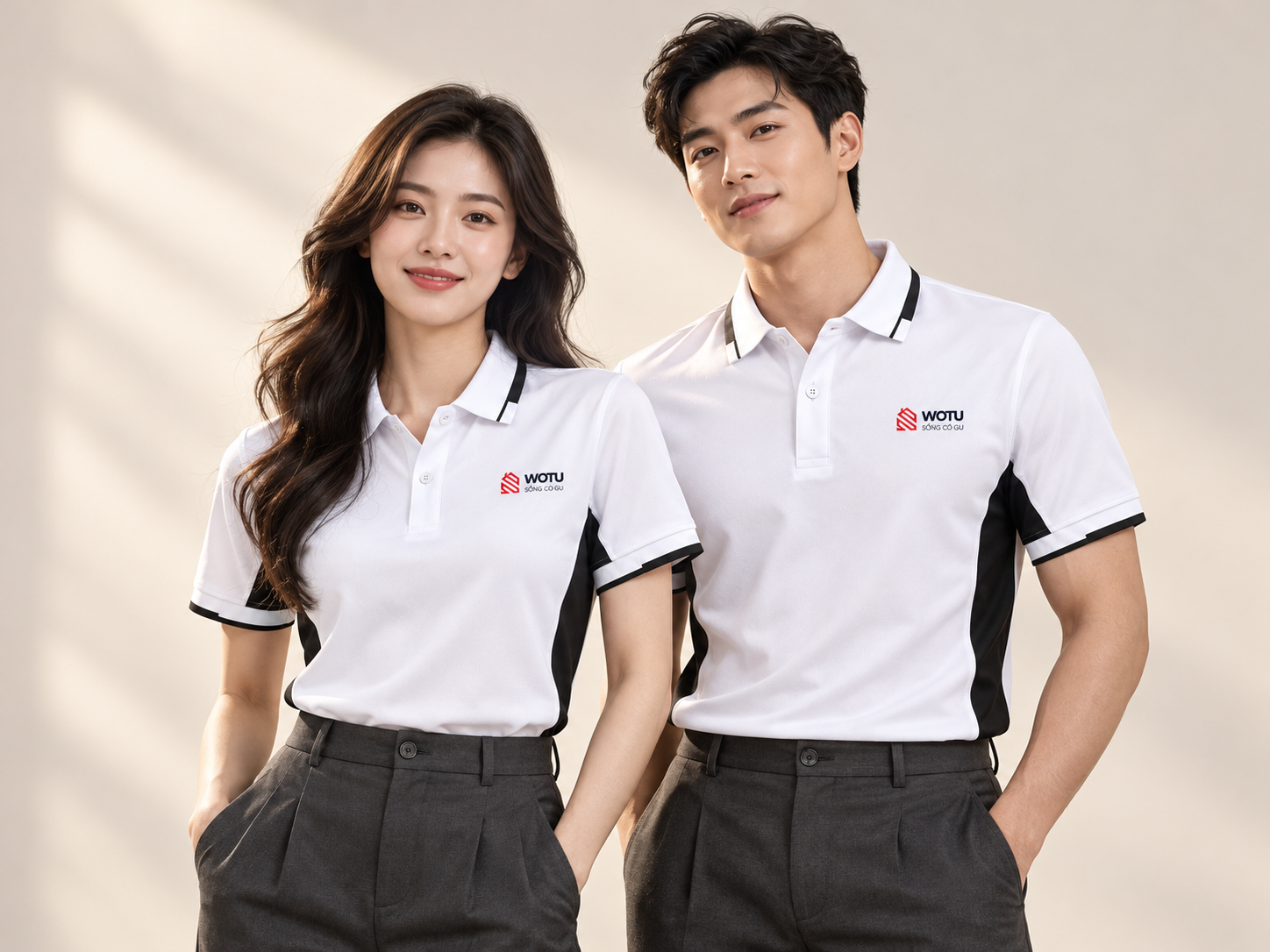 Người mẫu nam và nữ mặc áo polo WOTU trắng phối đen, logo nhà và slogan SỐNG CÓ GU nhỏ trước ngực